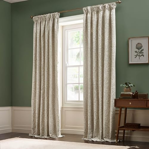 Morris&Co. Acorn Tonal Pencil Pleat Curtain Pair – Lined Matt Jacquard Drapes with Botanical Floral Design (Ivory - 117x137cm)