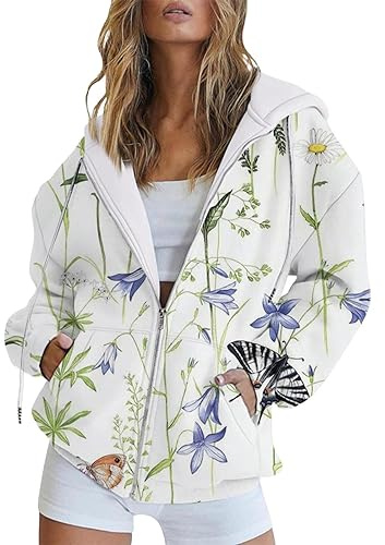 Cocila Autunno E Inverno Donna Crescita Verticale Stampa Floreale Tasca Casual Manica Lunga Coulisse Giacca con Cappuccio Cerniera Felpa da Felpe A Righe Felpe Leggere Felpa Pile Donna con Zip