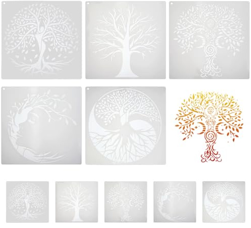 DICOSMETIC 10Stk 10 Stile Baum des Lebens Schablonenset Quadratische Große Baumschablonen Für Wand Wiederverwendbare Malvorlagen Auf Holz Kunststoff Malen Auf Leinwand Stoff Gartenmöbel Wandmalerei
