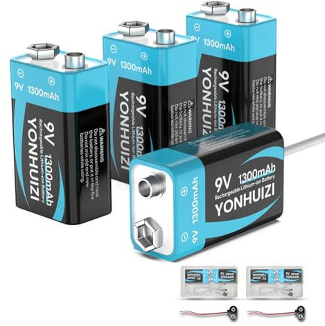 USB Rechargeable 9V Batteries, 1300mAh 9 Volt Lithium-ion Square Battery+USB-C Charging Cable+Clip Connector with Storage Box for Smoke Alarms, Student Experiment or Other Equipment (4-Pack)