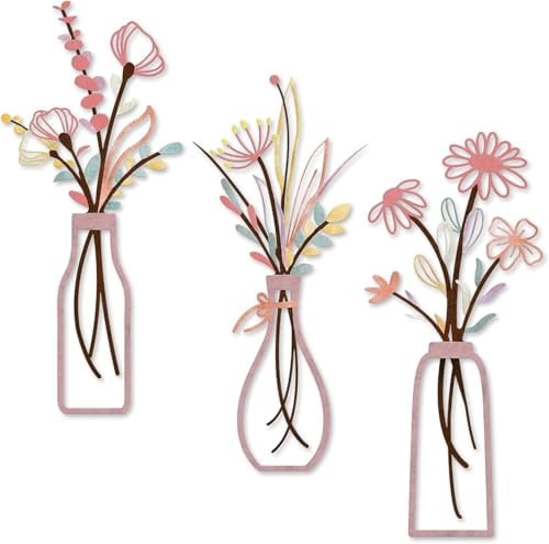 3 Stück Metall Blumen Wanddekoration,Metall Wandskulptur,Minimalistische in Vase,Hängende Wandkunst aus Eisen für Terrasse Wohnzimmer Badezimmer Schlafzimmer Esszimmer Küche Dekorationen (Rosa)