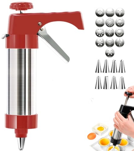 ComedyKing Gebäckpresse Edelstahl, Spritzgebäck Maschine, Plätzchenformen Backzubehör, Plätzchen Presse, Multifunktionale Spritzgebäck Maschine, 13 enthaltene Form-Discs und 8 Spritztüllen (Rot)