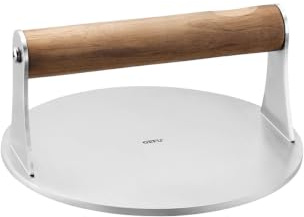 Gefu Burgerpresse BBQ - Edelstahl Smasher mit Walnussholzgriff | Hochwertiges Grillzubehör für Smashed Burger, Steaks und Bacon - Massive 5 mm Edelstahlplatte - Optimale Röstaromen