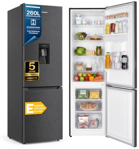 HEINNER Kühl-Gefrierkombination HC-HM260DGWDE++, 260 L, Energieklasse E, 189 L Kühlteil, 71 L Gefrierteil, Wasserspender, LED-Licht, 3 Glasablagen, 3 Gefrierschubladen, wechselbarer Türanschlag