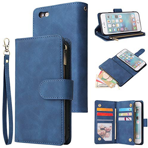 UEEBAI Wallet Case for iPhone 6 6S, Premium Vintage PU Leather Magnetic Closure Handbag Zipper Pocket Case Kickstand Card Holder Slots with Wrist Strap TPU Shockproof Flip Cover - Blue