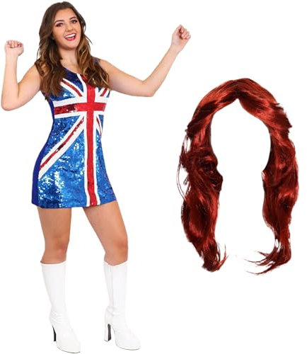 ROBE UNION JACK PAILLETTES GINGER SPICE - DÉGUISEMENT D'SPICE GIRLS DES ANNÉES 90 - ROBE UNION JACK + PERRUQUE DE ROUQUIN DÉGUISEMENT POUR LES ICÔNES DE MUSIQUE & ÉVÉNEMENTS BRITPOP (PETIT)