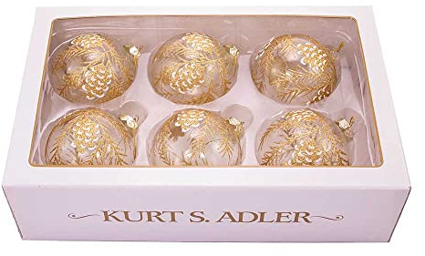 Kurt S. Adler Glaskugel, 80 mm, transparent mit goldfarbenen Tannenzapfen, 6 Stück, Mehrfarbig