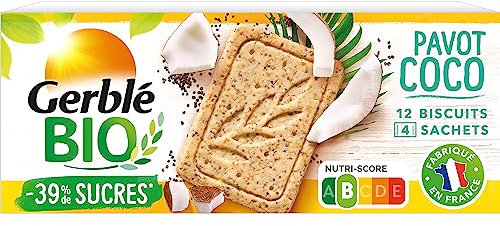 Gerblé Bio, Sablés bio saveur Coco Pavot, Allégés en sucres, Sans huile de palme, 1 Paquet de 12 Biscuits, 132g, 216079