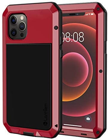 Lanhiem Heavy Duty Shockproof Tough Armour Metal Case for iPhone 12 Pro Max - Tempered Glass Screen Film, 360 Full Body Protective Case Cover - Red