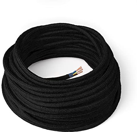 Amarcords - Cavo elettrico tessile colore NERO tondo juta 20 metri con messa a terra 3x075mm - Filo rivestito in tessuto colorato vintage per lampade lampadari applique e abat jour.