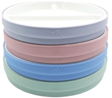Elk and Friends Kids 6.7” Porcelain White Divided Plates with Silicone Sleeves | Suitable for Babies/Toddlers | Microwave & Dishwasher Safe | Non Slip Dinnerware | Snack Dishes | 4 Pack