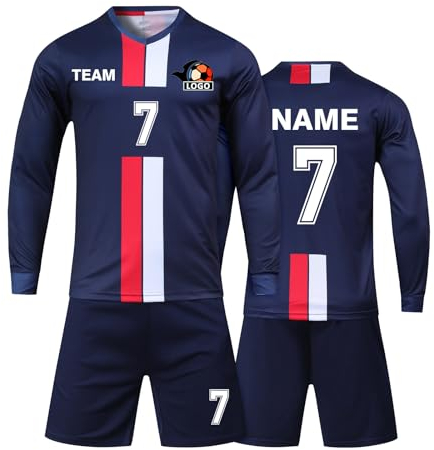Benutzerdefiniert Fussball Trikot Kinder Set und Erwachsene Set Personifizieren Name Nummer Mannschaft Fussball Trikots Herren und Frauen (Langes Blau)