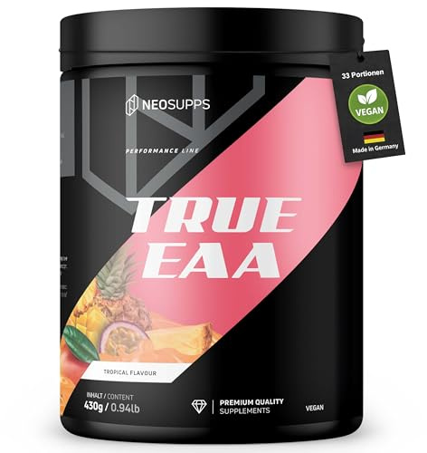 Neosupps EAA Pulver Tropical 430g, Made in Germany, hochdosiert 10.300 mg EAAs pro Portion, Hochwertige Essenzielle Aminosäuren für vor & während des Trainings, angereichert mit L-Histidin, zuckerfrei