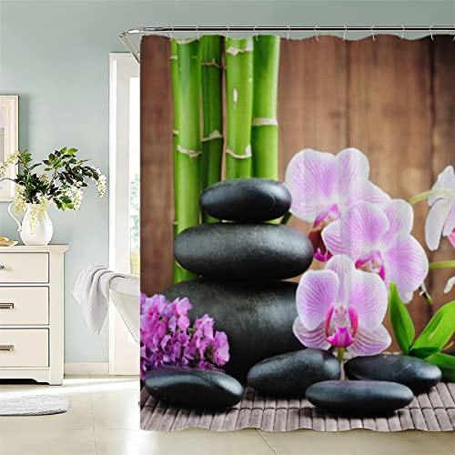 Aolity Duschvorhang 200x200 Zen-Spa Badezimmer Vorhänge Zen-Steine Und Orchideen Duschvorhang mit Gewicht Saum Stoff Waschbar Polyester Duschvorhänge Textil
