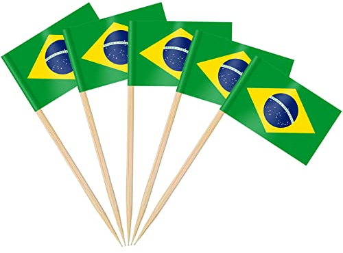 AhfuLife Palillos con Banderas de Brasil, 200 Piezas Banderas de Palillos de Dientes de Brasil para Decoraciones de Eurocopa, Cóctel, Sándwiches, Pastelería, Pastel, Frutas, Fiesta, Cupcakes