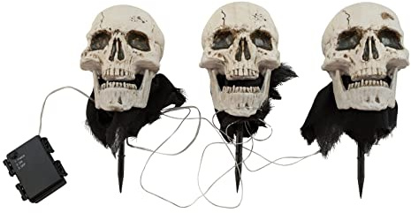 EUROPALMS Halloween Totenköpfe mit Erdspieß, 3er-Set, 29cm | Stableuchten-Set als Gartendekoration