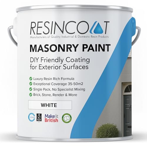 Resincoat Masonry Paint, Durable Exterior Paint for Walls & Outdoor Surfaces, Weather Resistant, Low VOC Single Pack Acrylic Resin Formula, Up to 50m2 Coverage, Smooth Matt Finish, White, 5KG