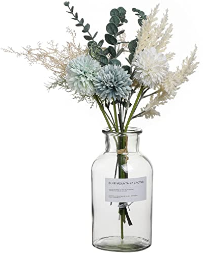huaao Ramo Flores Artificiales Falsas de Seda Crisantemo Eucalipto Plantas Artificiales Bouquets Arreglos Florales Nupcial Decoración Interior para Jarrón Boda Centro de Mesa, Azul