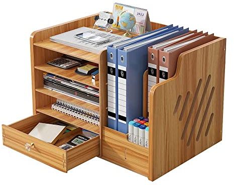 NUODWELL Wooden Desktop Organiser, Large Capacity Desk File Organiser Office Supplies Storage Holder File Rack for A4 Papers, Pens, Books, Letters and Documents (jb07-3 Cherry wood)