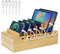 LEOKKARR Bambus-Ladestation für mehrere Geräte, Upgrade-Schreibtisch-Dockingstationen, Organizer für Apple-Geräte, Holz-Lade-Handyhalter-Ständer (inkl. 6 Kabel) (ohne Netzteil)