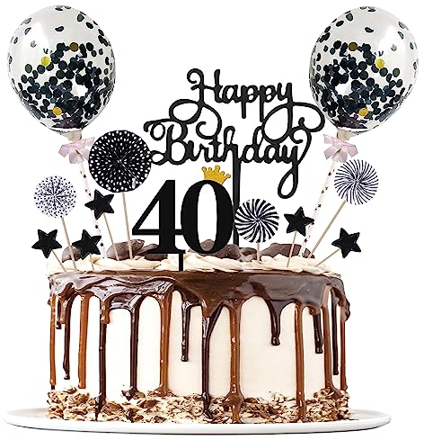Tortendeko 40 Schwarz Geburtstag Männer, Schwarzes 40th Happy Birthday Kuchendeko, Papierfächer Cupcake, Cake Topper für Mann Frauen