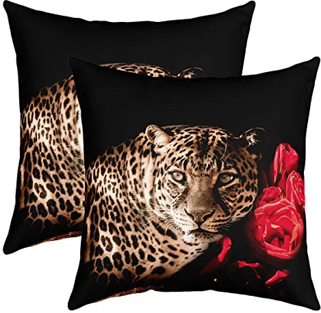 Leopard Kissenbezüge 40x40cm 2er Set Kissenbezüge Weiche Geparden Drucken Kissenbezug Kissenhütte Kopfkissenbezug Rose Floral Wild Tier Rot Braun Sofakissen Couchkissen für Sofa