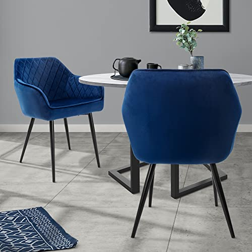 ML-Design 2er Set Esszimmerstühle mit Armlehne und Rückenlehne, Dunkelblau, Küchenstuhl mit Samtbezug, Polsterstuhl mit Metallbeinen, Ergonomischer Stuhl für Esstisch, Esszimmerstuhl Wohnzimmerstuhl