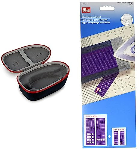 Prym 612100 Case, Tasche, Box für Mini-Bügeleisen, Dunkelblau & 611937 Bügellineale universal Lineal, Kunststoff