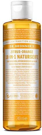 Dr. Bronners 18-IN-1 Naturseife | Zitrus Orange | Organic Flüssigseife | Vegan | Bio | Duschgel, Handseife, Shampoo und vieles mehr | Mit Bio Kokos-, Oliven- und Jojobaöl | 240 ml