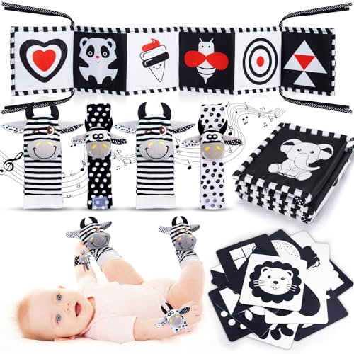 HappyKidsClub Kontrastbuch Baby Schwarz Weiß Spielzeug, Kontrastkarten Baby Spielzeug 0-12 Monate Rasselsocken Baby 0-6 Monate Kontrast Spielzeug Rassel Baby Neugeborenen Geschenk Montessori Spielzeug