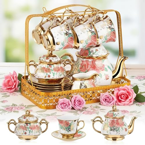 Suttmin 22-teiliges Vintage-Porzellan-Teeset mit Metallständer, Keramik-Teeservice für 6 Personen, Teekanne und Tassen, Nachmittagsdienst für Frauen, Mutter, Muttertagsgeschenk (weiße Rosen)
