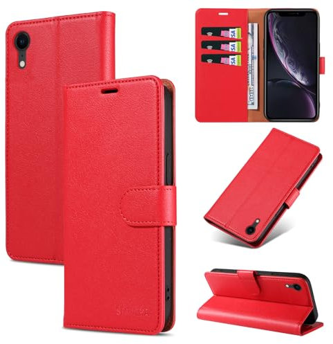 STAWLKA Case for iPhone XR, Premium PU Leather Flip Magnetic Buckle Wallet Case Kickstand Blocking RFID Shockproof Protective Phone Cover for iPhone XR - Red