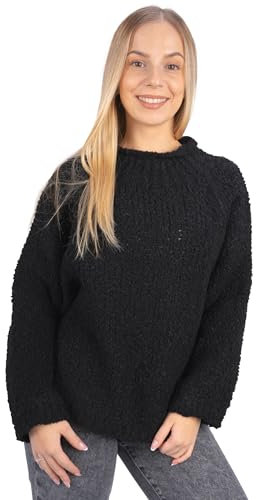 Lolus Kurzer Teddy Damen Pullover Strickpullover in Uni Farben - Dina (Schwarz)