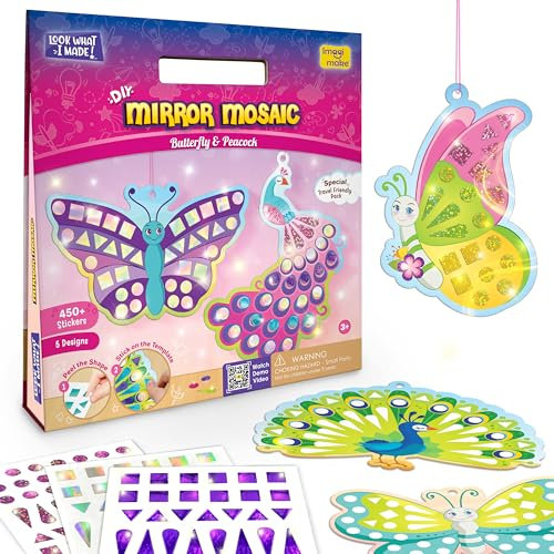 Imagimake Mirror Mosaic Butterfly & Peacock | 450+ Foil Stickers | Mess-Free Craft Kit for Kids | Travel-Friendly DIY Activity | Birthday Gift for Girls Ages 3, 4, 5, 6, 7 | Kids Christmas Gifts