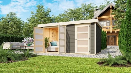 CHILLROI® Karibu Gartenhaus Maluna 1 inkl. Fußboden & Dacheindeckung Gerätehaus Gartenlaube 19 mm Wandstärke in Natur/grau und XL-Variante (terragrau XL)