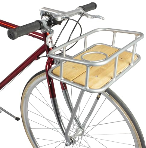 TentHome Bicycle Pannier Rack with Drink Holder and Basket - Bamboo Rack for Road Bike - Silver