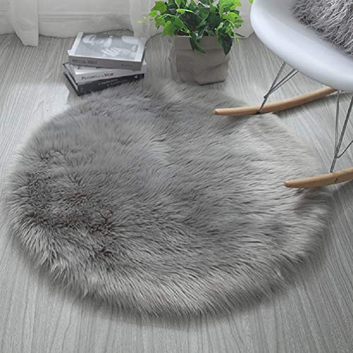 HARESLE Runder Teppich, Flauschiger Grauer Kunstfell Teppich, Maschinenwaschbarer Runder Teppiche für Schlafzimmer, Wohnzimmer, Kinderzimmer (Grau,60cm/24 Zoll)