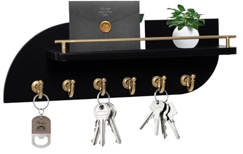 Karisky Porte-clés mural en bois avec 6 crochets en métal robuste pour sacs, manteaux, parapluie, organiseur de courrier de 35,6 cm pour décoration d'entrée, noir et doré