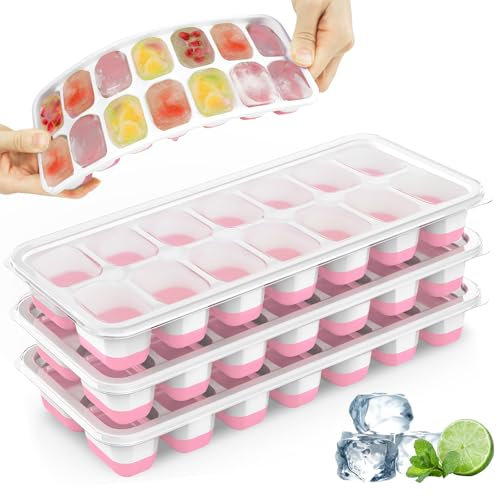 Ice Cube Tray with Lid, 4 Pack Silicone & Plastic Ice Cube Trays for Freezer, BPA Free, Stackable Ice Maker Trays for Freezer, Easy-Release and Flexible Ice Trays for Cocktail, Coffee, Tea