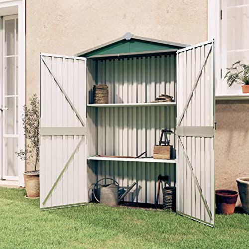 Iiaky Capanno da Giardino Verde 116x45x175 cm in Acciaio Zincato,Casetta da Giardino per Attrezzi,Capanno in Lamiera d'Acciaio con Tetto Inclinato,Ripostiglio per Attrezzi con Porte Scorrevoli per Gia