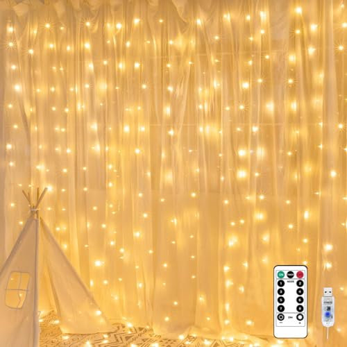 Joyfuny 2025 New Fairy Curtain Lights for Bedroom 3m x 3m 300 LED, Christmas String Lights USB Plug in 8 Modes Wall Hanging Twinkle with Remote Control for Wedding Party Backdrop Decor Warm White