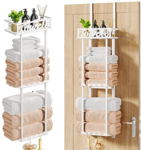 HapiRm Over Door Towel Rack - 3 Tier Towel Rack Wall Mounted with Metal Shelf Basket and 6 Hooks, Space-Saving Bathroom Towel Holder, Bathroom Towel Storage for Small Bathroom Storage & Organisation