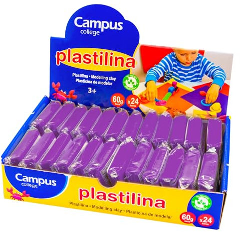 Campus – Plastilina de Colores para Modelar, Barras de Plastilina Sin Gluten, Kit de Plastilina Escolar Para Manualidades, Estuche con 24 Pastillas de Plasticina (60g - Violeta)