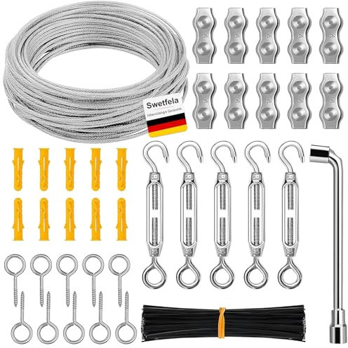 Swetfela Drahtseil 30M,M5 Stahlseil Set,304 Edelstahl Seilspanner Spannschloss,Stahlseil Ummantelt,Drahtseil mit Ösen Seilspanngarnitur,Edelstahlseil für Wäscheleine, Gardinenseil,Kletterpflanzen