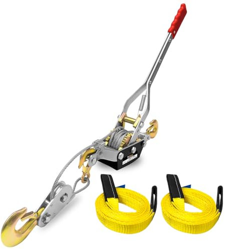 FITHOIST Come Along Seilwinde Ratschenwerkzeug, 5 Tonnen Zugkapazität, 3 Haken, Stahlkabel, Doppelgetriebe, Power-Abzieher mit zwei 2,5 x 2,4 m Hebegurten, Handseilwinde, Seilzug, Automobil-Hebezeug,