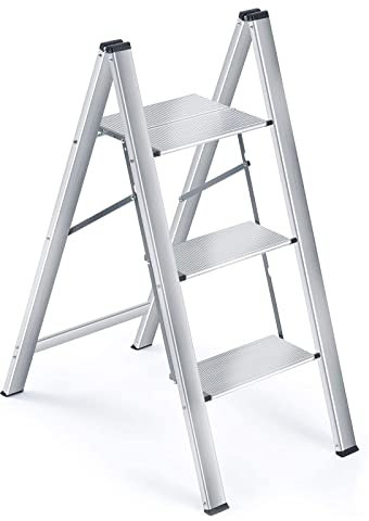 SINZUX 3 Step Ladder Aluminum, Small Step Ladders Foldable Lightweight for Kitchen, Household, Office, silvery