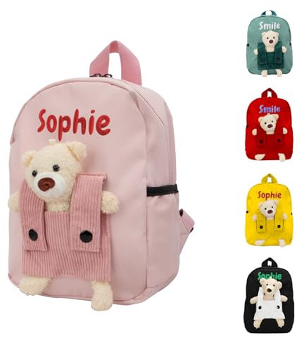 Personalisierte Kinder Rucksack, Gestickt Rucksack Kleinkind Mit Namen, Kindergartenrucksack Mädchen Und Jungen Rucksack Kita Mit Herausnehmbarer Bärenpuppe Für Kindergarten Und Grundschule (Rosa)