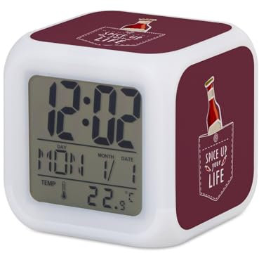 Fabulous Wecker, Würfel, beleuchtet, Rot – Pikanische Sauce Tasche Überraschung Chili – 7,8 x 7,8 x 7,8 cm – Retro-Beleuchtung, mehrfarbig, LED