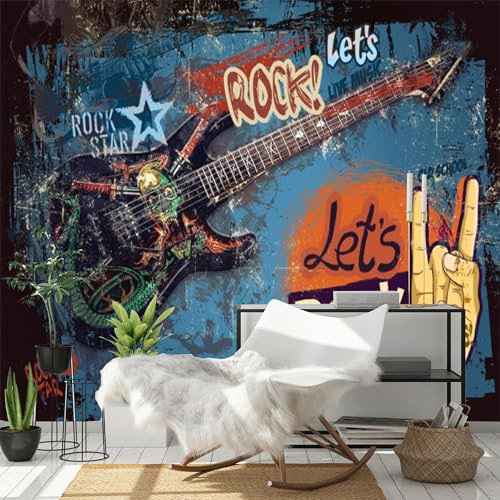 Custom Size Wall Murals - Retro Cement Wall Rock Music Bar - Self-Adhesive Removable Stick Wallpaper for Living Room