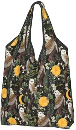 TZTTZT Wiederverwendbare Einkaufstasche, Einkaufstasche, faltbar, Eule, Mond, Blumen, Einkaufstasche mit Griffen, Schwarz, 2 PCS